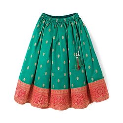 Babyhug Brocade Woven Half Sleeves Choli Lehenga Set With Floral Foil Print - Red & Green