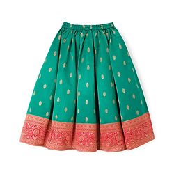 Babyhug Brocade Woven Half Sleeves Choli Lehenga Set With Floral Foil Print - Red & Green