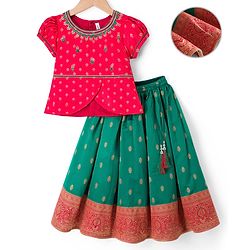 Babyhug Brocade Woven Half Sleeves Choli Lehenga Set With Floral Foil Print - Red & Green