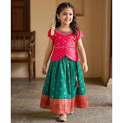 Babyhug Brocade Woven Half Sleeves Choli Lehenga Set With Floral Foil Print - Red & Green