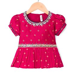 Babyhug Brocade Woven Full Sleeves Pattu Pavda Choli Lehenga Set With Floral Foil Print & Embriodery - Red & Green