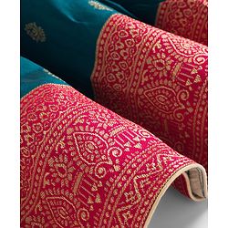 Babyhug Brocade Woven Full Sleeves Pattu Pavda Choli Lehenga Set With Floral Foil Print & Embriodery - Red & Green