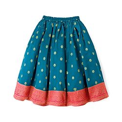 Babyhug Brocade Woven Full Sleeves Pattu Pavda Choli Lehenga Set With Floral Foil Print & Embriodery - Red & Green