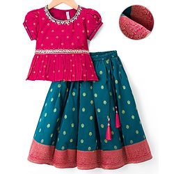Babyhug Brocade Woven Full Sleeves Pattu Pavda Choli Lehenga Set With Floral Foil Print & Embriodery - Red & Green