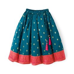 Babyhug Brocade Woven Full Sleeves Pattu Pavda Choli Lehenga Set With Floral Foil Print & Embriodery - Red & Green