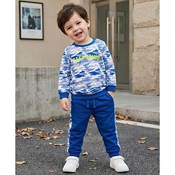 Babyhug Terry Knit Premium Light Gauge Terry Full Sleeves T-Shirt & Joggers Set with Camouflage & Keep Going Text Print - Navy Blue