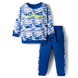 Babyhug Terry Knit Premium Light Gauge Terry Full Sleeves T-Shirt & Joggers Set with Camouflage & Keep Going Text Print - Navy Blue