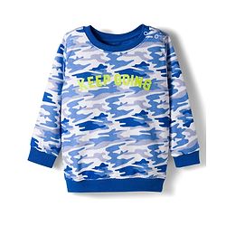Babyhug Terry Knit Premium Light Gauge Terry Full Sleeves T-Shirt & Joggers Set with Camouflage & Keep Going Text Print - Navy Blue