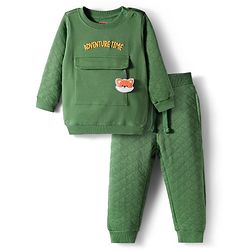 Babyhug Terry Knit Premium Light Gauge Terry Full Sleeves T-Shirt & Lounge Pant Set With Text Embroidery & Animal Applique - Green