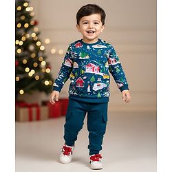 Babyhug Terry Knit Premium Light Gauge Terry Full Sleeves T-Shirt & Joggers Set With Snow Man Print - Teal Blue