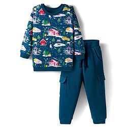 Babyhug Terry Knit Premium Light Gauge Terry Full Sleeves T-Shirt & Joggers Set With Snow Man Print - Teal Blue