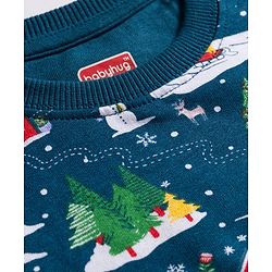 Babyhug Terry Knit Premium Light Gauge Terry Full Sleeves T-Shirt & Joggers Set With Snow Man Print - Teal Blue