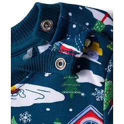 Babyhug Terry Knit Premium Light Gauge Terry Full Sleeves T-Shirt & Joggers Set With Snow Man Print - Teal Blue