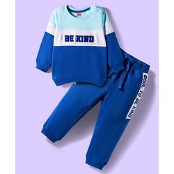 Babyhug Terry Knit Premium Light Gauge Terry Full Sleeves Text Printed T-Shirt & Lounge Pant Set With Cut & Sew Design - Blue