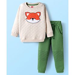 Babyhug Terry Knit Premium Light Gauge Terry Full Sleeves T-Shirt & Lounge Pant Set With Animal Print - Off White & Green