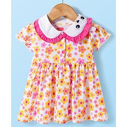 Babyhug Single Jersey Knit Half Sleeves Floral Printed Frock with Bloomer with Headband - Multicolor
