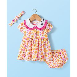 Babyhug Single Jersey Knit Half Sleeves Floral Printed Frock with Bloomer with Headband - Multicolor