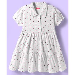 Babyhug Cotton Knit Half Puffed Sleeves Polka Dot Printed Frock with Sling Bag & Jacket - White