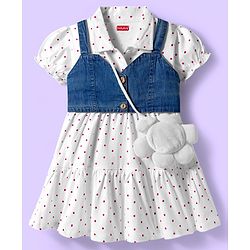 Babyhug Cotton Knit Half Puffed Sleeves Polka Dot Printed Frock with Sling Bag & Jacket - White