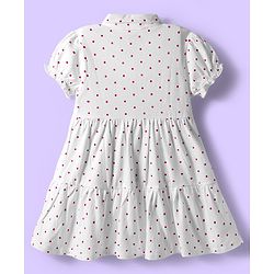 Babyhug Cotton Knit Half Puffed Sleeves Polka Dot Printed Frock with Sling Bag & Jacket - White