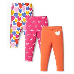 Babyhug Knit Full Length Leggings With Heart & Text Print Pack of 3 - Dark Pink & Orange