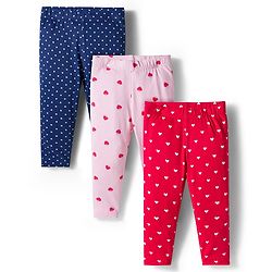 Babyhug Cotton Lycra Knit Full Length Leggings With Polka Dot & Heart Print Pack Of 3 - Red Navy Blue & Pink