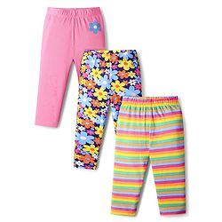 Babyhug Cotton Knit Full Length Leggings With Stripes & Floral Print Pack Of 3 - Pink Navy Blue & Yellow