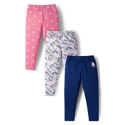 Babyhug Cotton Knit Full Length Leggings With Unicorn & Star Print Pack Of 3 - Navy Blue & Pink