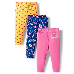Babyhug Knit Full Length Leggings With Floral Print Pack Of 3 - Pink Yellow & Navy Blue