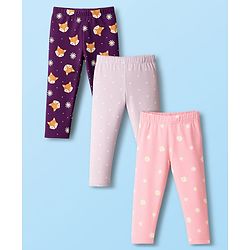 Babyhug Cotton Lycra Knit Full Length Leggings With Animal Floral & Polka Dot Print Pack of 3 - Purple Pink & Lavender