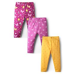 Babyhug Cotton Lycra Knit Leggings with Polka Dots Butterfly & Floral Print Pack of 3 - Pink & Yellow