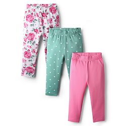 Babyhug Cotton Knit Full Length Legging With Floral & Polka Dot Print Pack Of 3 - Pink White & Light Green