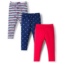 Babyhug Cotton Lycra Knit Full Length Leggings With Stripes & Cherry Print Pack Of 3 - Red & Navy Blue