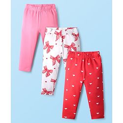 Babyhug Cotton Knit Full Length Leggings With Floral Print Pack Of 3 - Pink Red & White
