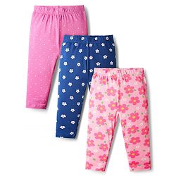 Babyhug Cotton Knit Full Length Leggings With Floral Print Pack Of 3 - Pink & Navy Blue