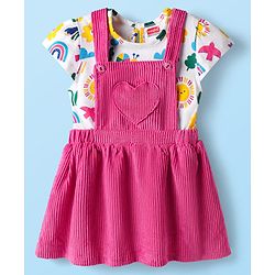 Babyhug Cotton Woven Frock with Half Sleeves Inner Tee & Tropical Theme Print - Dark Pink & White