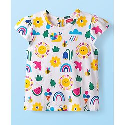 Babyhug Cotton Woven Frock with Half Sleeves Inner Tee & Tropical Theme Print - Dark Pink & White