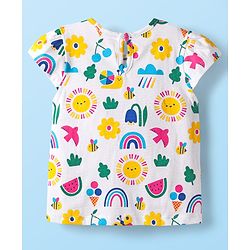 Babyhug Cotton Woven Frock with Half Sleeves Inner Tee & Tropical Theme Print - Dark Pink & White