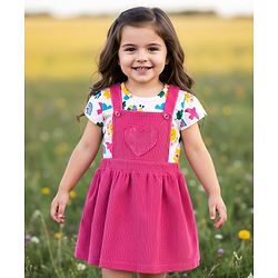 Babyhug Cotton Woven Frock with Half Sleeves Inner Tee & Tropical Theme Print - Dark Pink & White