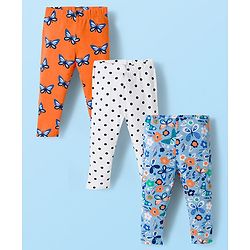 Babyhug Cotton Lycra Knit Full Length Butterfly & Polka Dot Printed Leggings Pack of 3 - Orange Blue & White