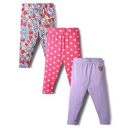 Babyhug Cotton Knit Full Length Leggings With Floral & Polka Dots Pack Of 3 - Pink & Purple