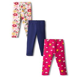 Babyhug Cotton Lycra Knit Full Length Floral Printed Leggings Pack of 3 - Navy Blue Pink & White