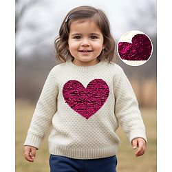 Babyhug Knitted Full Sleeves Pullover Sweater With Reversible Sequins - White