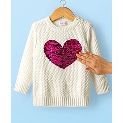 Babyhug Knitted Full Sleeves Pullover Sweater With Reversible Sequins - White