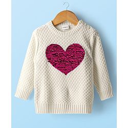 Babyhug Knitted Full Sleeves Pullover Sweater With Reversible Sequins - White