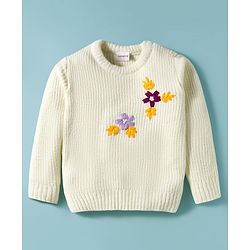 Babyhug Knitted Full Sleeves Pullover Sweater With Floral Embroidery - Off White