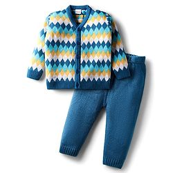 Babyhug Knit Full Sleeves Front Open Sweater Set with Diamond Design - Blue