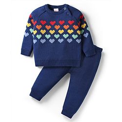 Babyhug Knitted Full Raglan Sleeves Pullover Sweater Set With Heart Design - Navy Blue