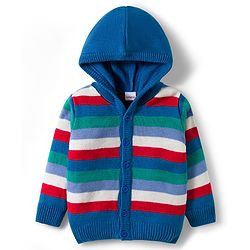 Babyhug Knit Full Sleeves Hooded Front Open Sweater Set with Stripes - Blue