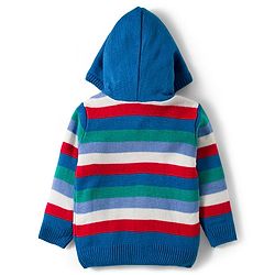 Babyhug Knit Full Sleeves Hooded Front Open Sweater Set with Stripes - Blue